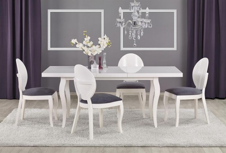 Set masa extensibila din lemn de fag si MDF Morrigan Alb + 4 scaune tapitate cu stofa Verity Alb / Gri, L140-180xl80xH75 cm