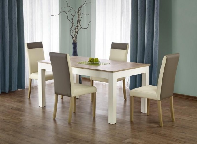 Set masa extensibila din pal si MDF Sewati White / Oak + 4 scaune Norbi Cream, L160-300xl90xH76 cm