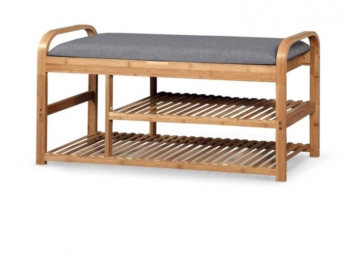Banca tapitata cu stofa si picioare din bambus, cu suport pantofi, Stasis-13 Natural / Gri, l100xA33xH50 cm
