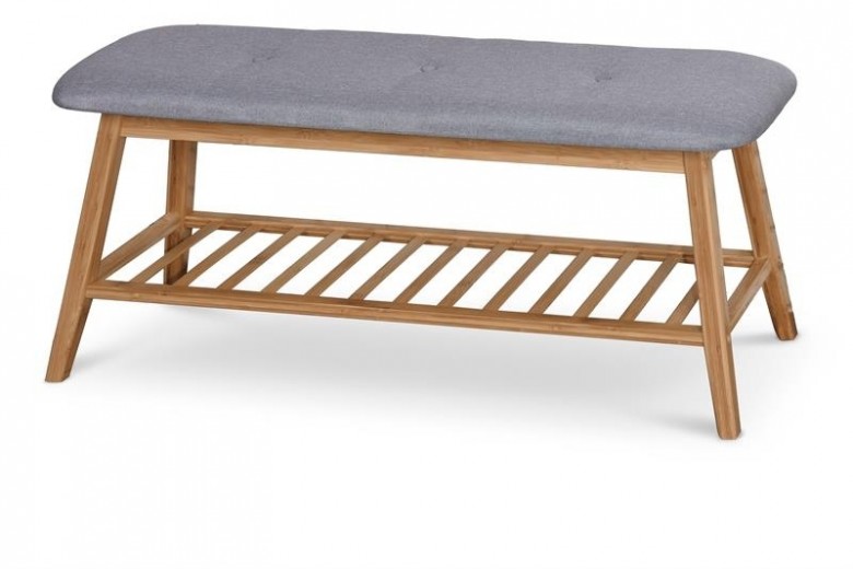 Banca tapitata cu stofa si picioare din bambus, cu suport pantofi, Stasis-15 Natural / Gri, l100xA30xH44 cm