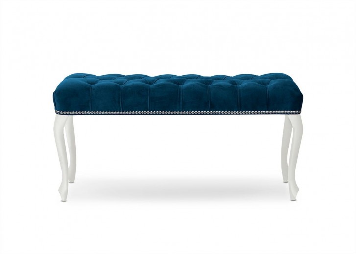 Banca tapitata cu stofa si picioare din lemn, Ingrid Large Velvet Bleumarin / Alb, l120xA40xH49 cm