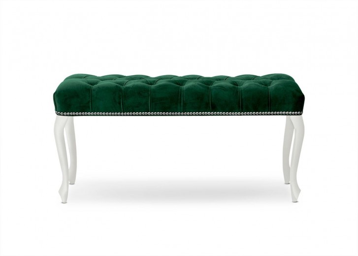 Banca tapitata cu stofa si picioare din lemn, Ingrid Medium Velvet Verde / Alb, l100xA40xH49 cm