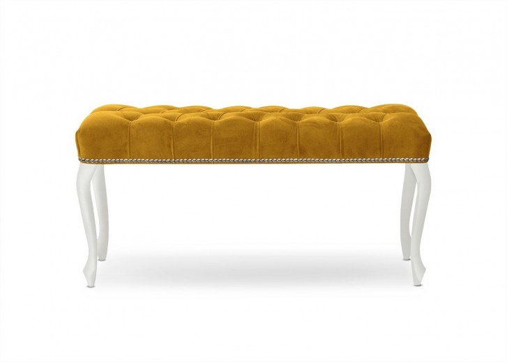 Banca tapitata cu stofa si picioare din lemn, Ingrid Small Velvet Mustariu / Alb, l80xA40xH49 cm