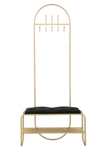 Banca tapitata cu stofa si picioare metalice, cu suport pantofi si cuier, Piramid Velvet Auriu / Negru, l80xA38,5xH180 cm