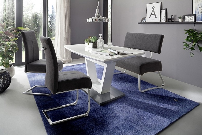 Set masa extensibila din MDF, sticla si metal Nicolo Alb / Crom + 2 scaune tapitate cu stofa Foshan Antracit / Crom + 1 banca tapitata cu stofa Foshan Antracit / Crom, L140-180xl90xH76 cm