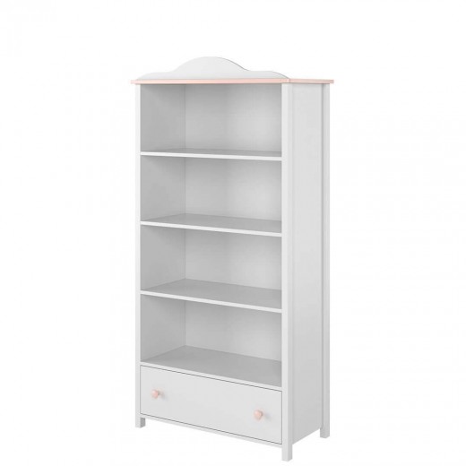Biblioteca din pal cu 1 sertar, pentru copii si tineret, Luna 02 Alb / Roz, l85xA42xH171 cm