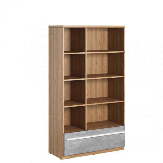 Biblioteca din pal cu 1 sertar, pentru copii si tineret, Plano 03 Stejar / Gri, l90xA41xH161 cm