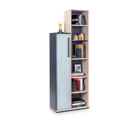 Biblioteca din pal cu 1 usa pentru tineret, baieti 12-24 ani, Trio Natur / Blue, l69xA32xH192 cm