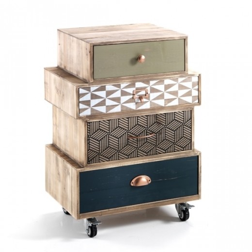 Cabinet din lemn de brad, cu 4 sertare, pe rotile Kijo-C Multicolour, l50xA34xH70,5 cm
