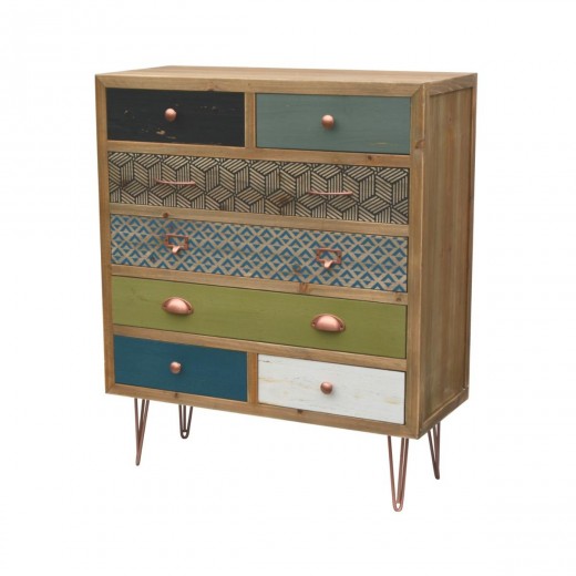 Cabinet din lemn de brad si furnir, cu 7 sertare Portofino F019 Multicolour, l80xA34xH95 cm
