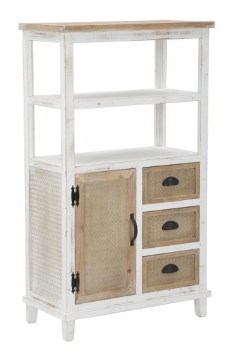 Cabinet din lemn de brad si MDF, cu 3 sertare si 1 usa Marrakech Alb / Natural, l70xA35xH121,5 cm