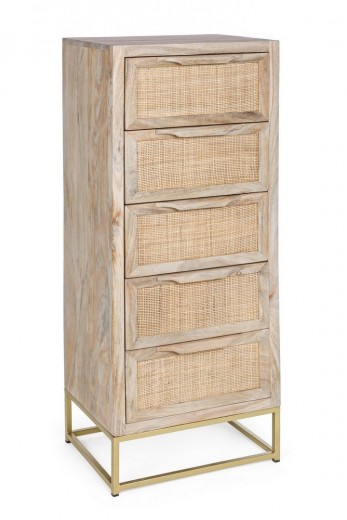 Cabinet din lemn de mango si metal, cu 5 sertare Exor Natural / Auriu, l45xA35xH104 cm