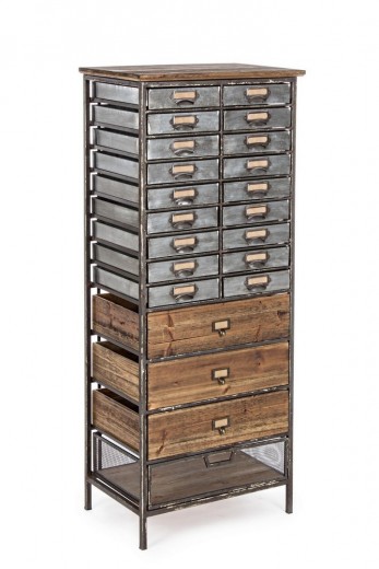 Cabinet din lemn de pin si metal, cu 22 sertare Officina Gri / Natural, l53xA33,5xH129,5 cm