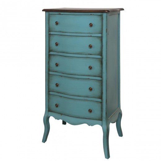 Cabinet din lemn de plop, furnir si MDF, cu 5 sertare Mellow High Turquoise / Brown, l61xA42xH112 cm