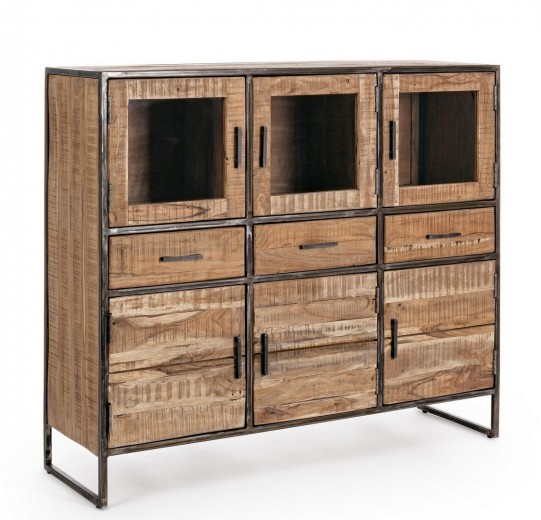Cabinet cu vitrina din lemn de salcam si metal, cu 3 sertare si 6 usi, Elmer Natural, l135xA40xH120 cm