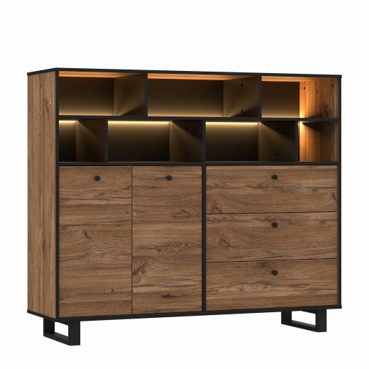 Cabinet din metal si pal, cu 3 sertare, 2 usi si LED inclus Sedna Large Stejar / Negru, l144,3xA42xH123,2 cm