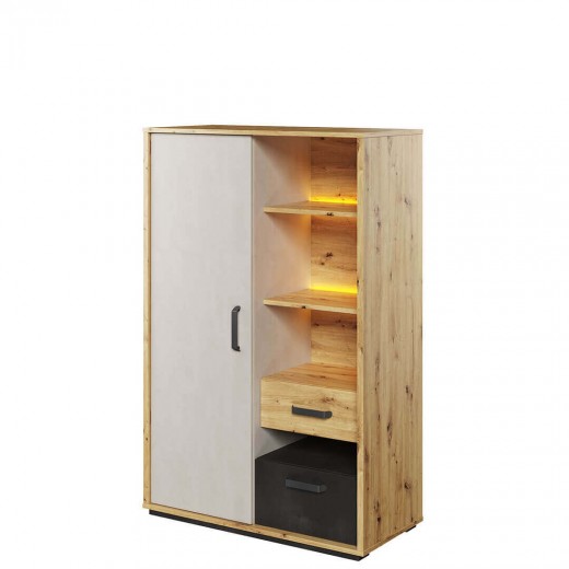 Cabinet din pal, cu 1 usa, 2 sertare si LED inclus, pentru copii si tineret, Qubic 05 Stejar Artisan / Negru / Gri, l90xA42xH138 cm