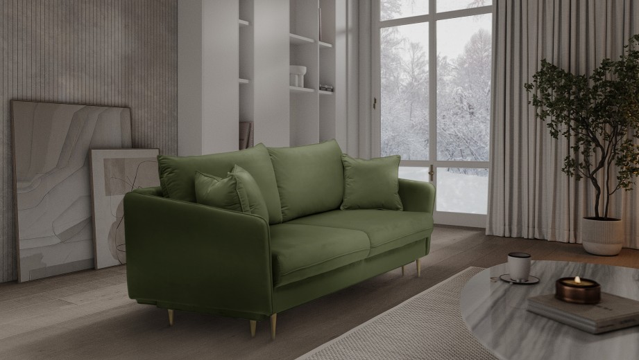 Canapea Extensibila, 3 Locuri, Lada de Depozitare, tapitata cu stofa, Perne Incluse, Volio Velvet Verde Olive, l221xA100xH90 cm