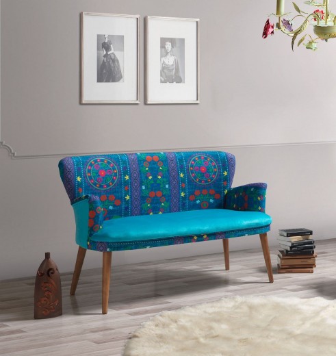 Canapea Fixa, 2 Locuri, tapitata cu stofa, Etnik Turcoaz / Multicolor, l125xA60xH75 cm