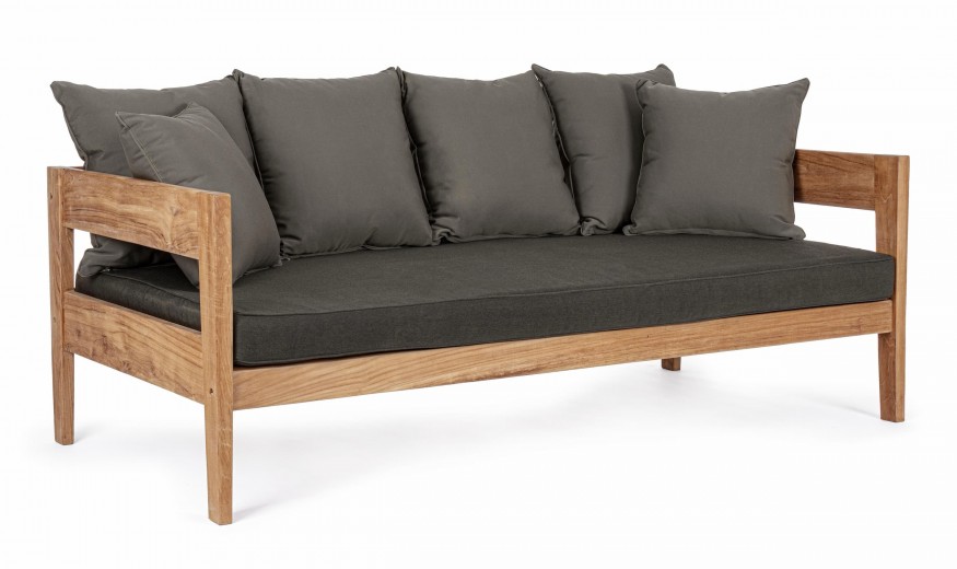 Canapea fixa pentru gradina / terasa, din lemn de tec, cu perne detasabile, 3 locuri, Kobo Antracit / Natural, l190xA90xH79 cm