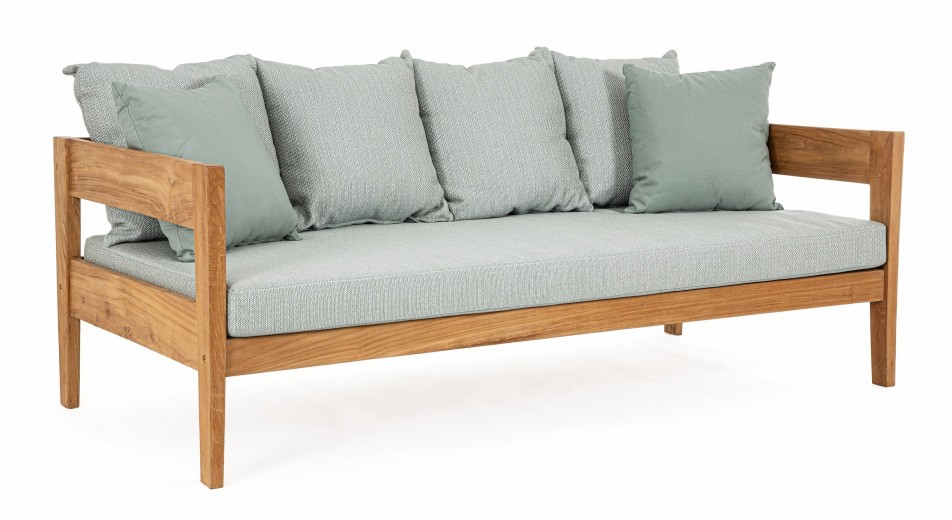 Canapea fixa pentru gradina / terasa, din lemn de tec, cu perne detasabile, 3 locuri, Kobo Bleu / Natural, l190xA90xH79 cm