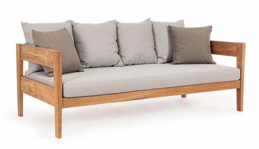 Canapea fixa pentru gradina / terasa, din lemn de tec, cu perne detasabile, 3 locuri, Kobo Gri / Natural, l190xA90xH79 cm