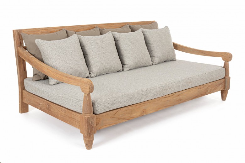 Canapea fixa pentru gradina / terasa, din lemn de tec, cu perne detasabile tapitate cu stofa, 3 locuri, Bali Gri / Natural, l190xA112xH81 cm