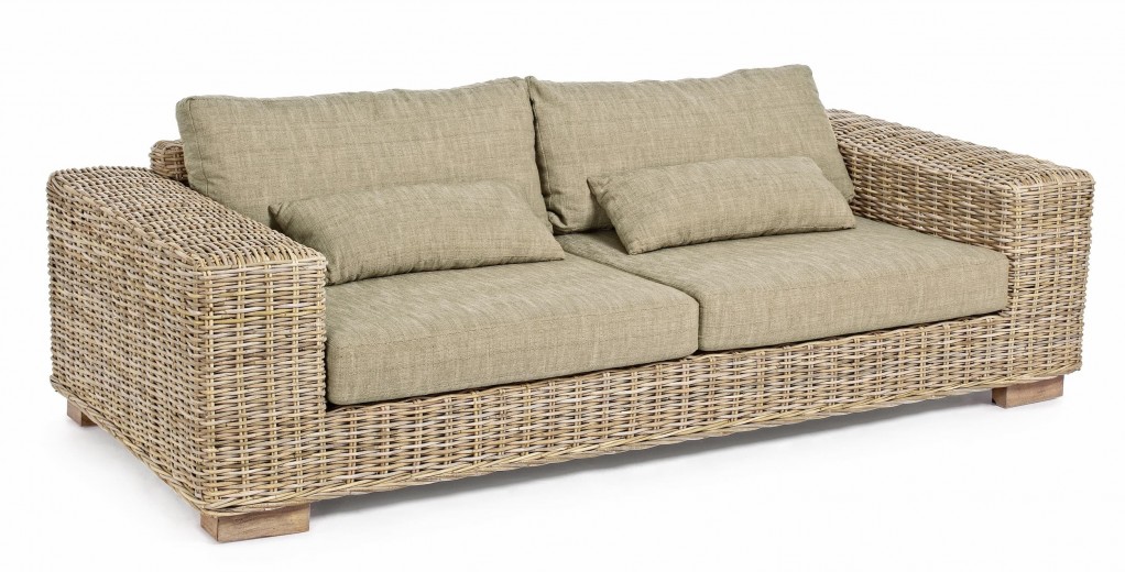 Canapea fixa pentru gradina / terasa, din ratan kubu si lemn de mango, cu perne detasabile, 3 locuri, Leandro Natural, l220xA97xH72 cm