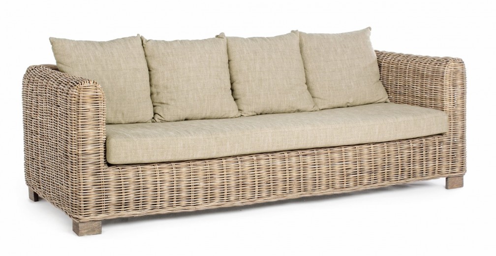 Canapea fixa pentru gradina / terasa, din ratan si lemn de mango, cu perne detasabile, 3 locuri, Fortaleza Natural, l210xA90xH83 cm