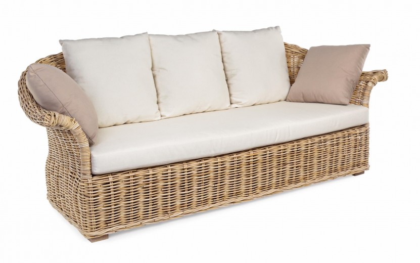 Canapea fixa pentru gradina / terasa, din ratan si lemn de mango, cu perne detasabile, 3 locuri, Pamplona Natural, l202xA77xH80 cm