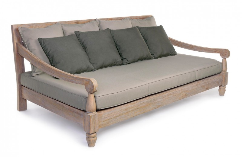 Canapea fixa pentru gradina / terasa, din lemn de tec, cu perne detasabile tapitate cu stofa, 3 locuri, Bali Grej / Natural, l190xA112xH81 cm