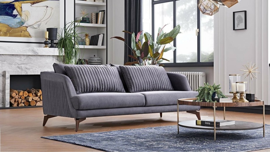 Canapea fixa tapitata cu stofa, 3 locuri Tiera Velvet Gri, l200xA90xH85 cm