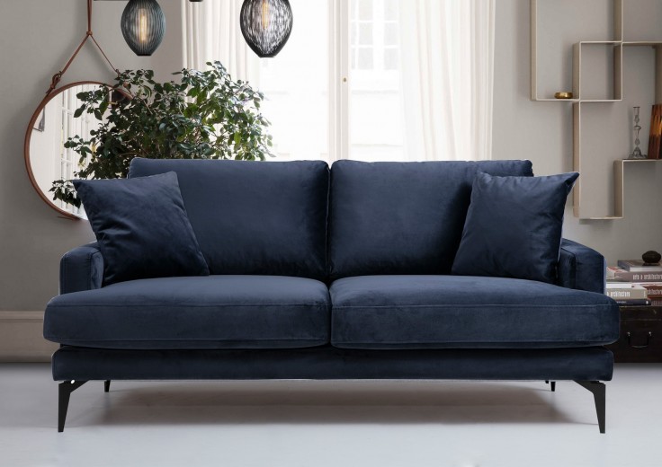 Canapea Papira Velvet Bleumarin Fixa cu Spuma Poliuretanica, 2 Locuri, tapitata cu Stofa Easy Clean, Perne Incluse, l175xA90xH88 cm