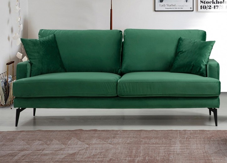 Canapea Papira Velvet Verde Fixa cu Spuma Poliuretanica, 2 Locuri, tapitata cu Stofa Easy Clean, Perne Incluse, l175xA90xH88 cm