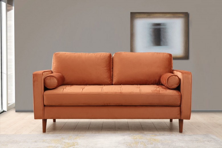 Canapea Rome Velvet Portocaliu Fixa cu Spuma Poliuretanica, 2 Locuri, tapitata cu Stofa Easy Clean, Perne Incluse, l175xA90xH70 cm