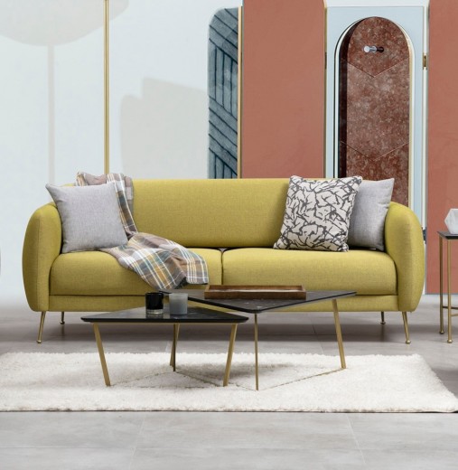 Canapea Sevilla Mustariu Functie Sleep, cu Arcuri si Spuma Poliuretanica, 3 Locuri, Suprafata de Dormit 183x88 cm, tapitata cu Stofa Easy Clean, Spatar Reglabil, Perne Incluse, l214xA98xH85 cm