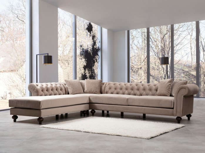 Coltar Bogart Velvet Bej Fix cu Spuma Poliuretanica, Sezlong pe Stanga, tapitat cu Stofa Easy Clean, Perne Incluse, l320xA240xH72 cm