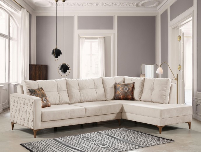 Coltar Cinar Velvet Crem Extensibil, Sezlong pe Dreapta, tapitat cu Stofa, Perne Incluse, l288xA195xH75 cm