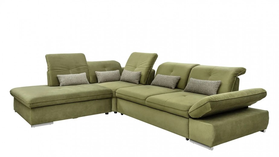 Coltar Extensibil Editis Large Velvet Verde Olive, Sezlong pe Stanga, cu Lada de Depozitare, tapitat cu Stofa, Spatar Reglabil, Tetiere si Cotiere Reglabile, l314xA251xH82-97 cm