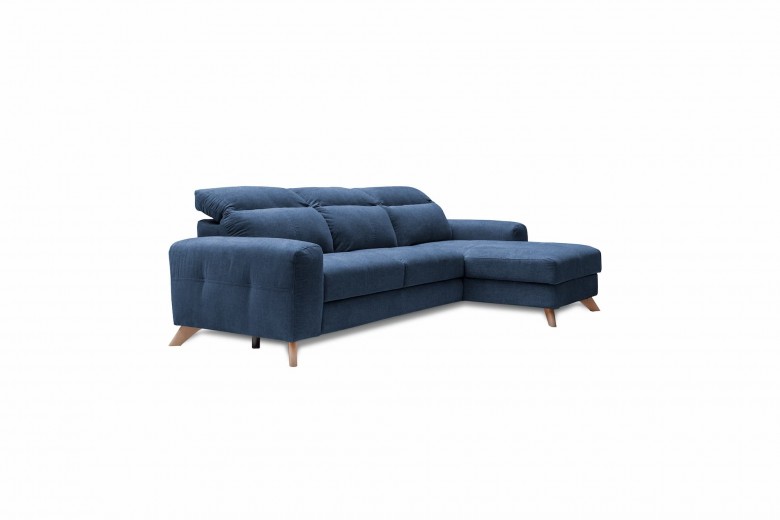 Coltar Extensibil Imperius Bleumarin, Sezlong pe Dreapta, cu Lada de Depozitare, tapitat cu Stofa, Tetiere Reglabile, l281xA175xH84-100 cm