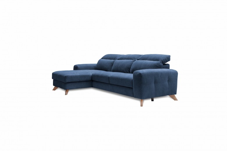 Coltar Extensibil Imperius Bleumarin, Sezlong pe Stanga, cu Lada de Depozitare, tapitat cu Stofa, Tetiere Reglabile, l281xA175xH84-100 cm