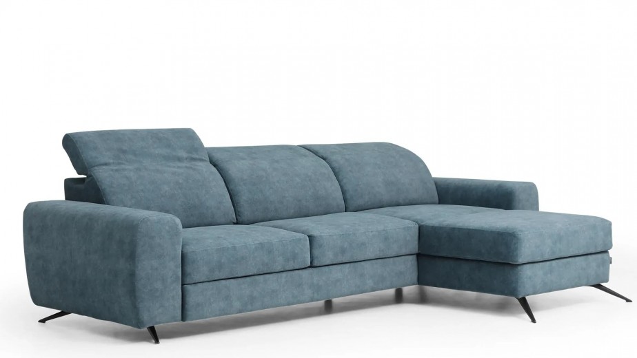 Coltar Extensibil Moccino Small Petrol, Sezlong pe Dreapta, cu Lada de Depozitare, tapitat cu Stofa, Tetiere Reglabile, l283xA175xH80-100 cm