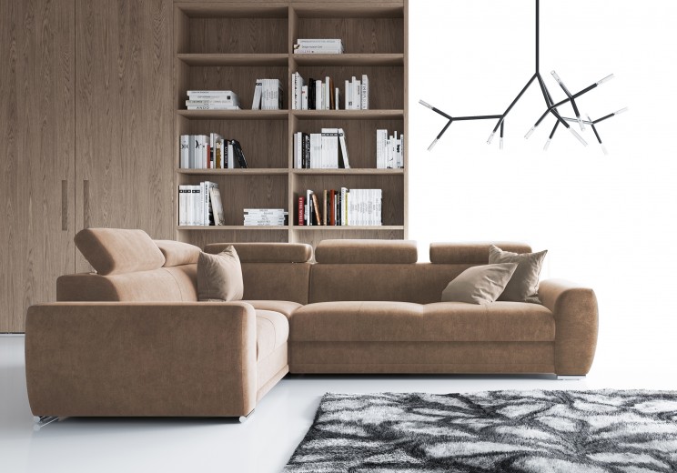 Coltar Moon Bej Extensibil, Sezlong pe Stanga, tapitat cu Stofa, cu Lada de Depozitare, Tetiere Reglabile, l267xA194xH80-90 cm