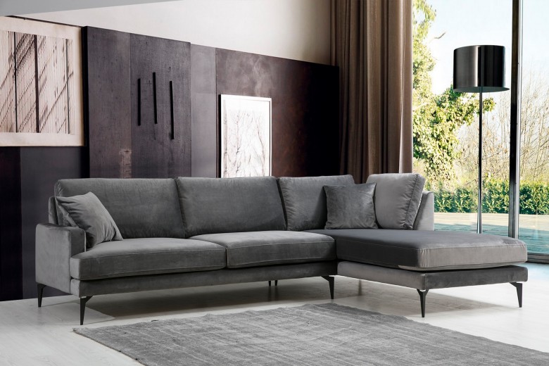 Coltar Papira Velvet Antracit Fix cu Spuma Poliuretanica, Sezlong pe Dreapta, tapitat cu Stofa Easy Clean, Perne Incluse, l283xA180xH88 cm