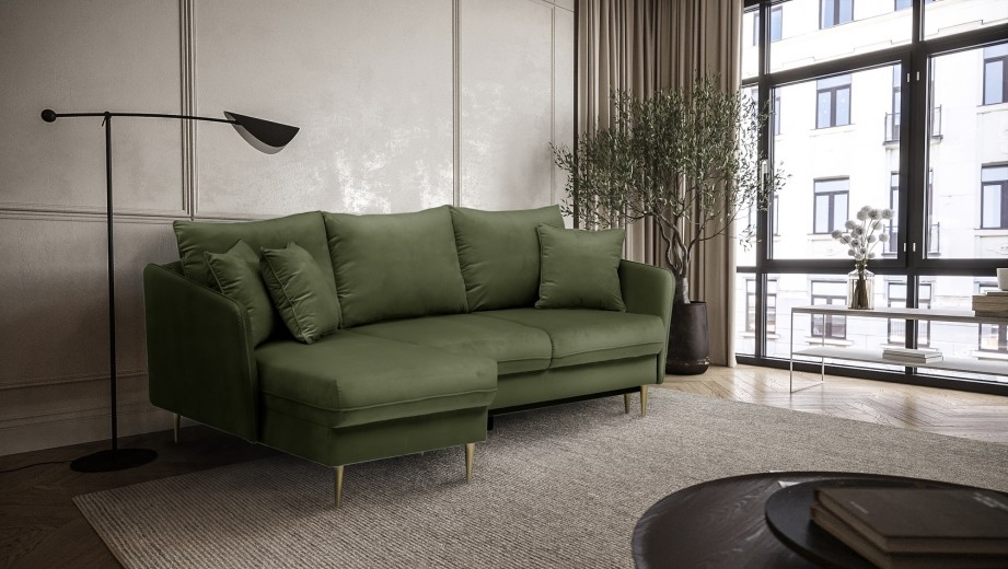 Coltar Volio Velvet Verde Olive Extensibil, Sezlong pe Stanga, tapitat cu Stofa, cu Lada de Depozitare, Perne Incluse, l223xA145xH90 cm