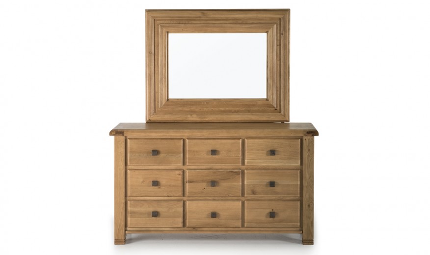 Comoda cu oglinda din lemn de stejar, cu 9 sertare York Oak, l150xA45xH82,5 cm