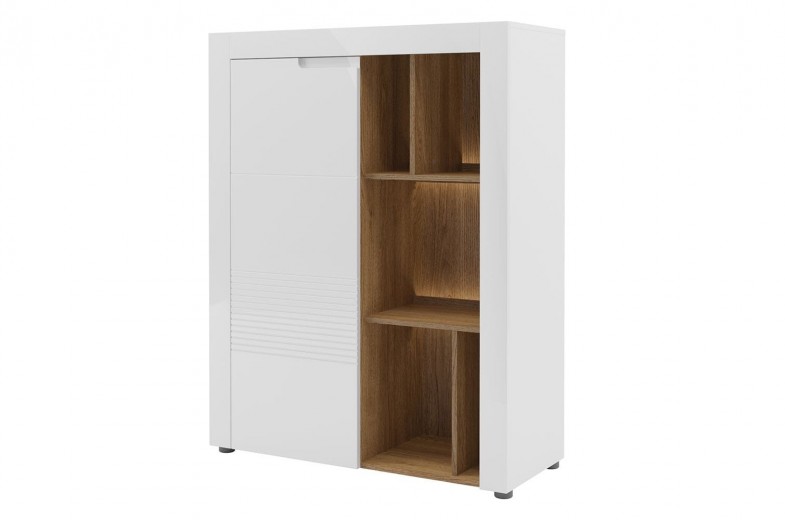 Comoda din pal si MDF, cu rafturi si 1 usa Belfort 44 Alb / Nuc, l99xA41xH128 cm