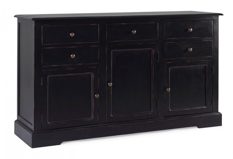 Comoda din lemn de mango si MDF, cu 5 sertare si 3 usi Jefferson Negru Antichizat, l145xA40xH85 cm