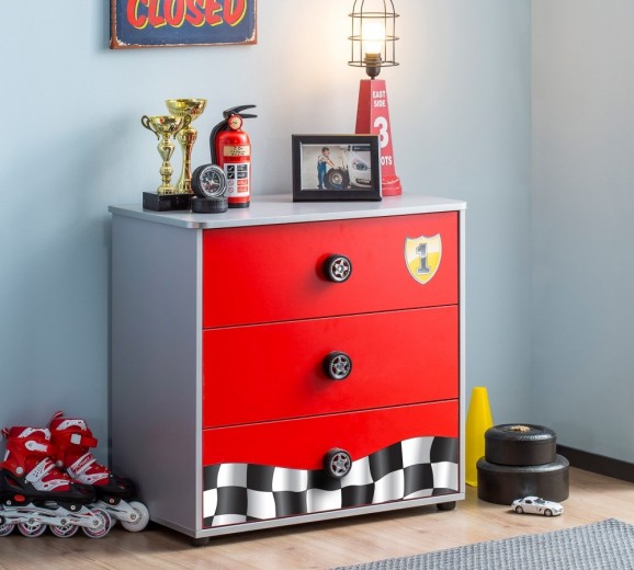 Comoda din pal cu 3 sertare, pentru copii, Race Cup Rosu / Albastru deschis, l76xA42xH74 cm