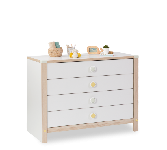 Comoda din pal, cu 4 sertare pentru bebe Montessori Baby Alb / Natural, l106xA52xH81 cm